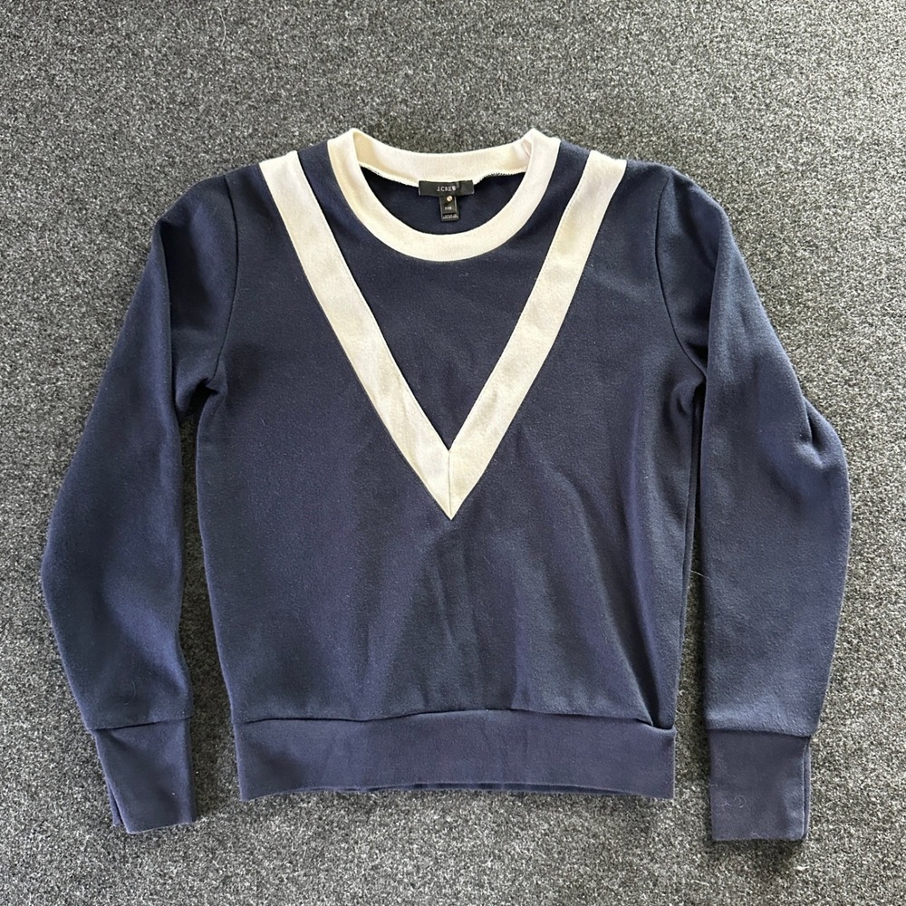 J.Crew Womens Navy Blue Cream V-Panel Crewneck Sweatshirt XXS Long Sleeve‎